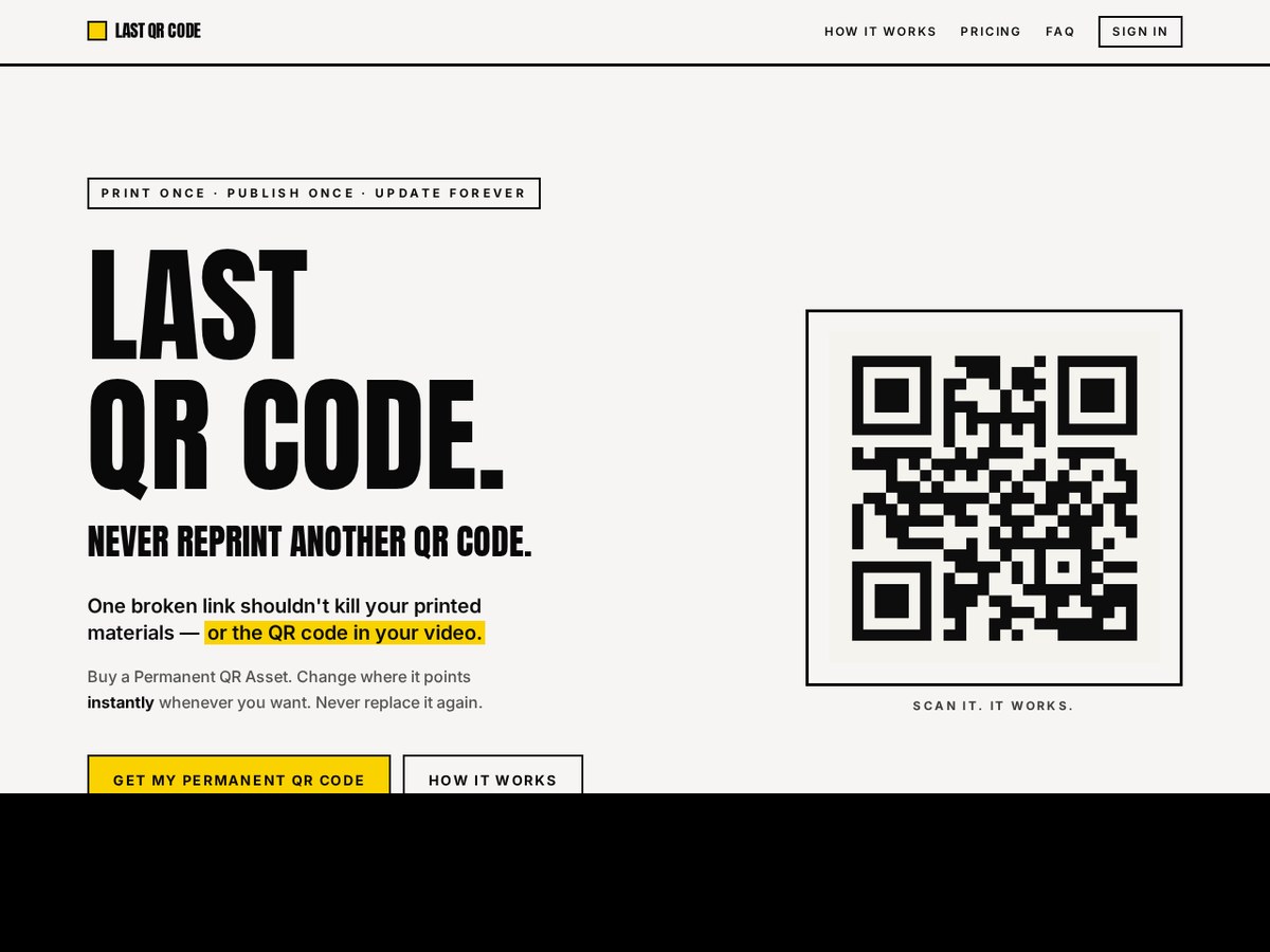 Screenshot of the Last QR Code home page, a web utility for permanent QR codes