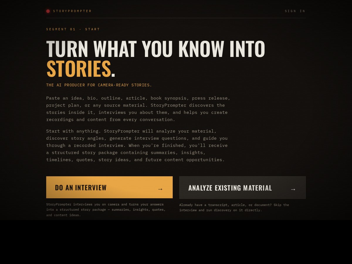 Screenshot of the StoryPrompter home page, an AI interview and story production tool